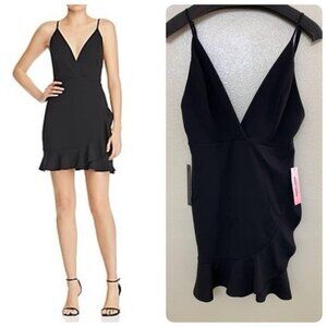 Sunset + Spring Bloomingdale Ruffled LBD Mini Dress Small Black Plunging V Neck